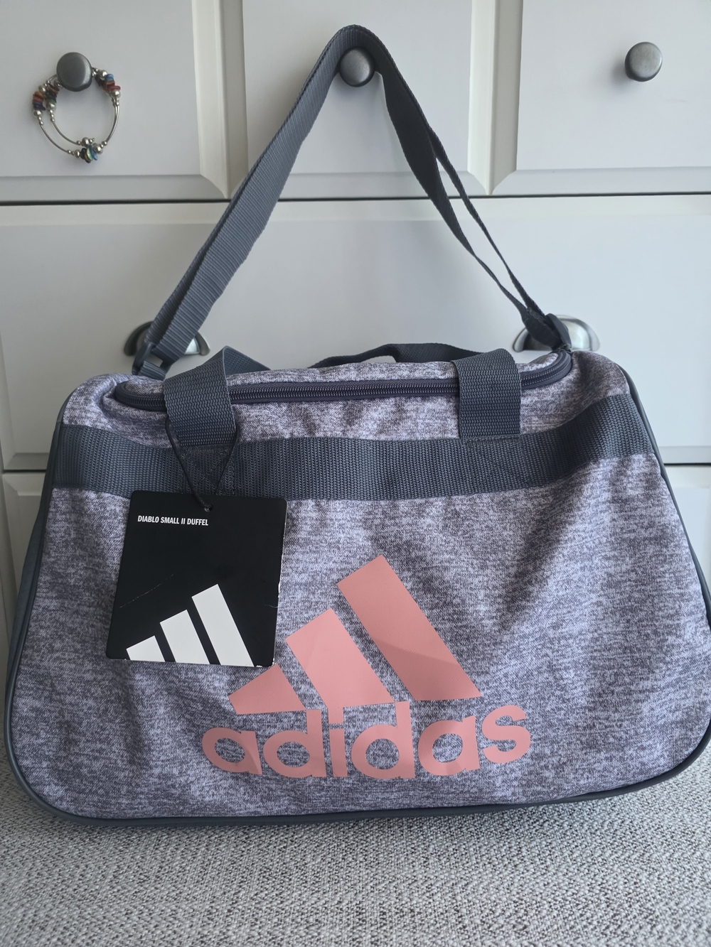 adidas Gray Heather Duffel with Pink Logo
